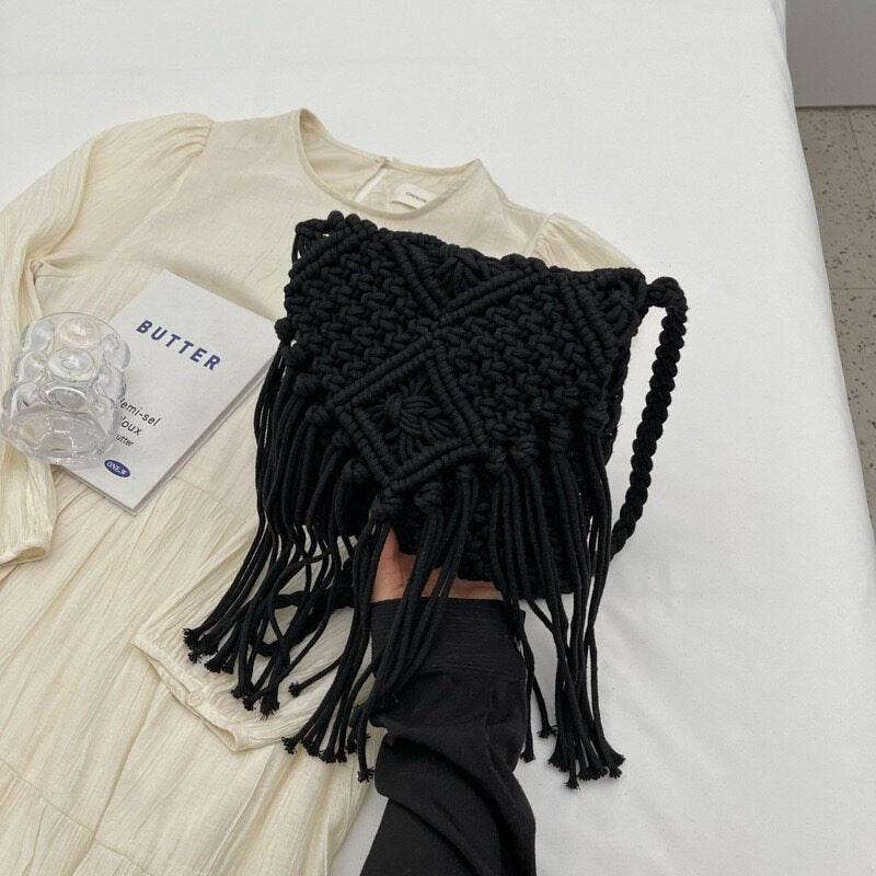 Boho Woven Shoulder Bag - Affordable Beach Tote with Long Strap, 17cm x 18cm & 50cm Strap black
