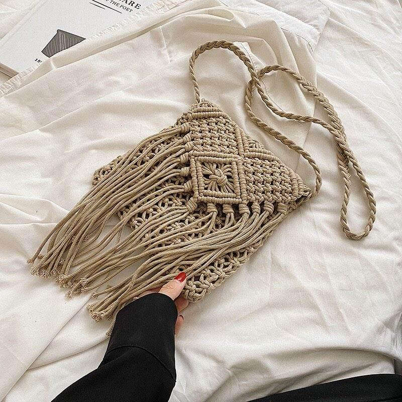 Boho Woven Shoulder Bag - Affordable Beach Tote with Long Strap, 17cm x 18cm & 50cm Strap brown