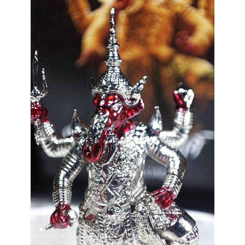 Bronze Ganesha statue blessed in temples with intricate silver and red detailing by Thai Blessing Co