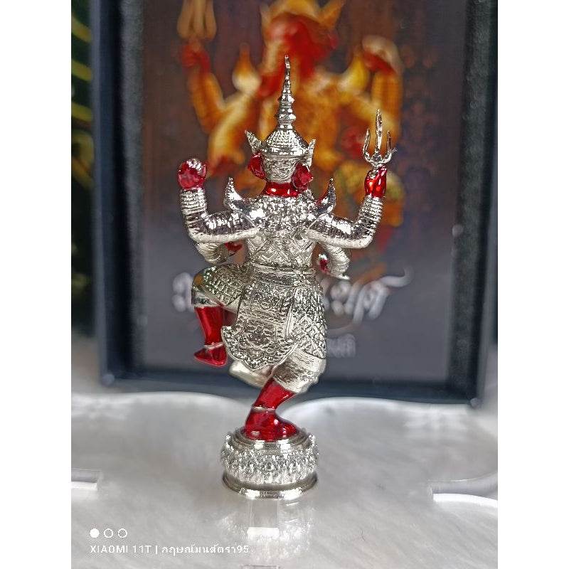Silver and red Thai deity statue with detailed traditional attire by Thai Blessing Co