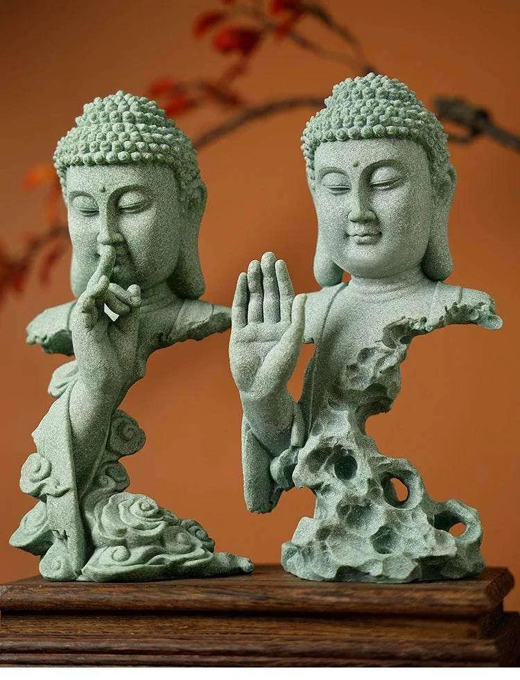 Buddhist Zen Desktop Decor – Green Sandstone Statue for Tranquil Tablescape