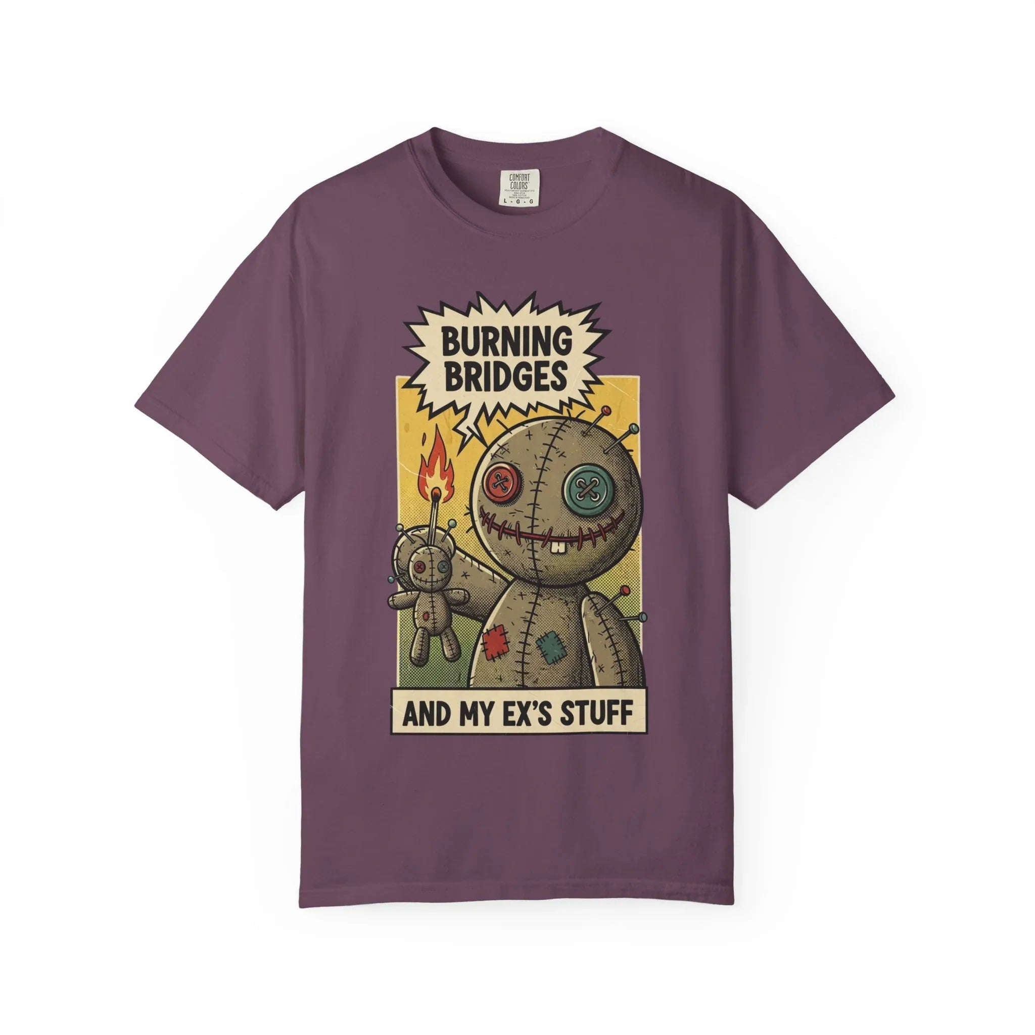 Burning Bridges Funny Breakup Shirt - Vintage Voodoo Doll Graphic Tee - Sarcastic Ex-Relationship T-Shirt - Retro Comic Dark Humor Gift - Mid-Century Aesthetic Streetwear Berry