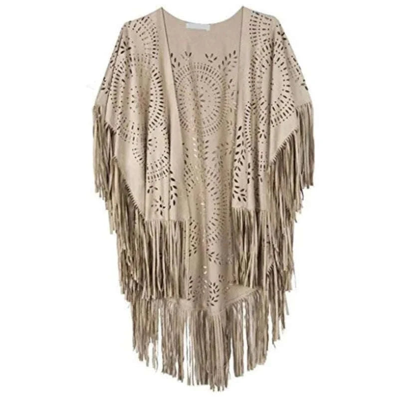 Camel Suede Fringe Shawl - Vintage Bohemian Floral Hollow Out Poncho Cape for Autumn