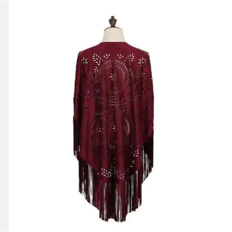 Camel Suede Fringe Shawl - Vintage Bohemian Floral Hollow Out Poncho Cape for Autumn