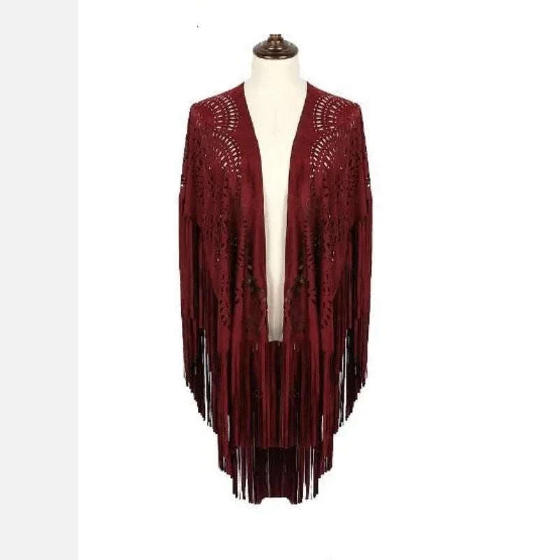 Camel Suede Fringe Shawl - Vintage Bohemian Floral Hollow Out Poncho Cape for Autumn