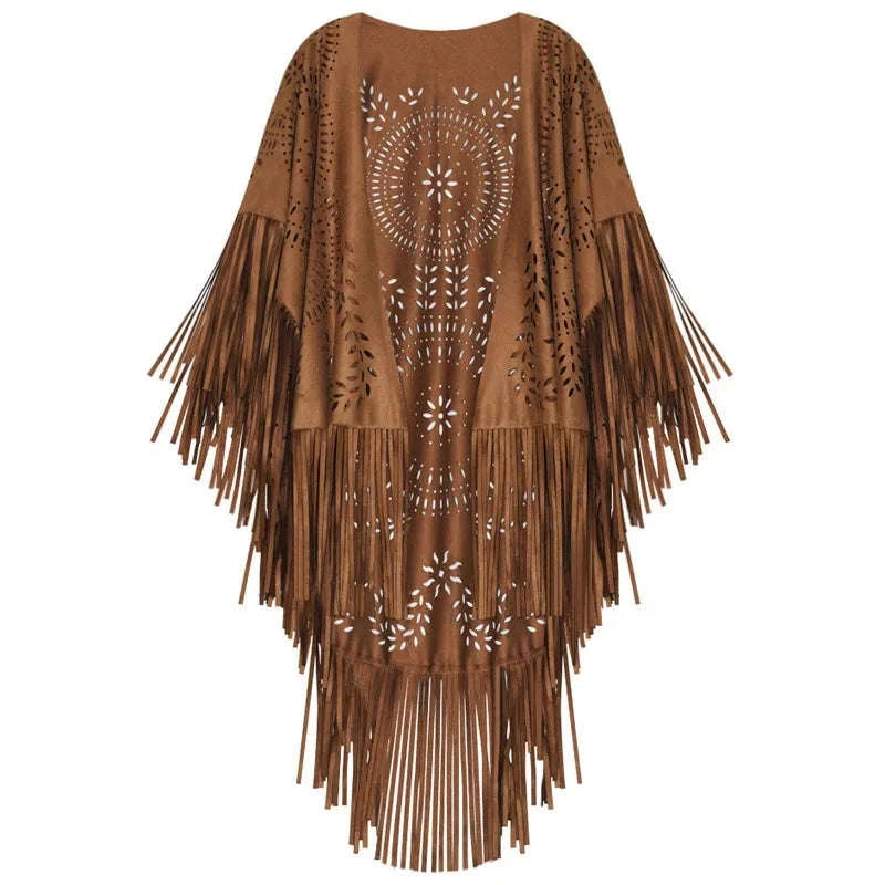 Camel Suede Fringe Shawl - Vintage Bohemian Floral Hollow Out Poncho Cape for Autumn