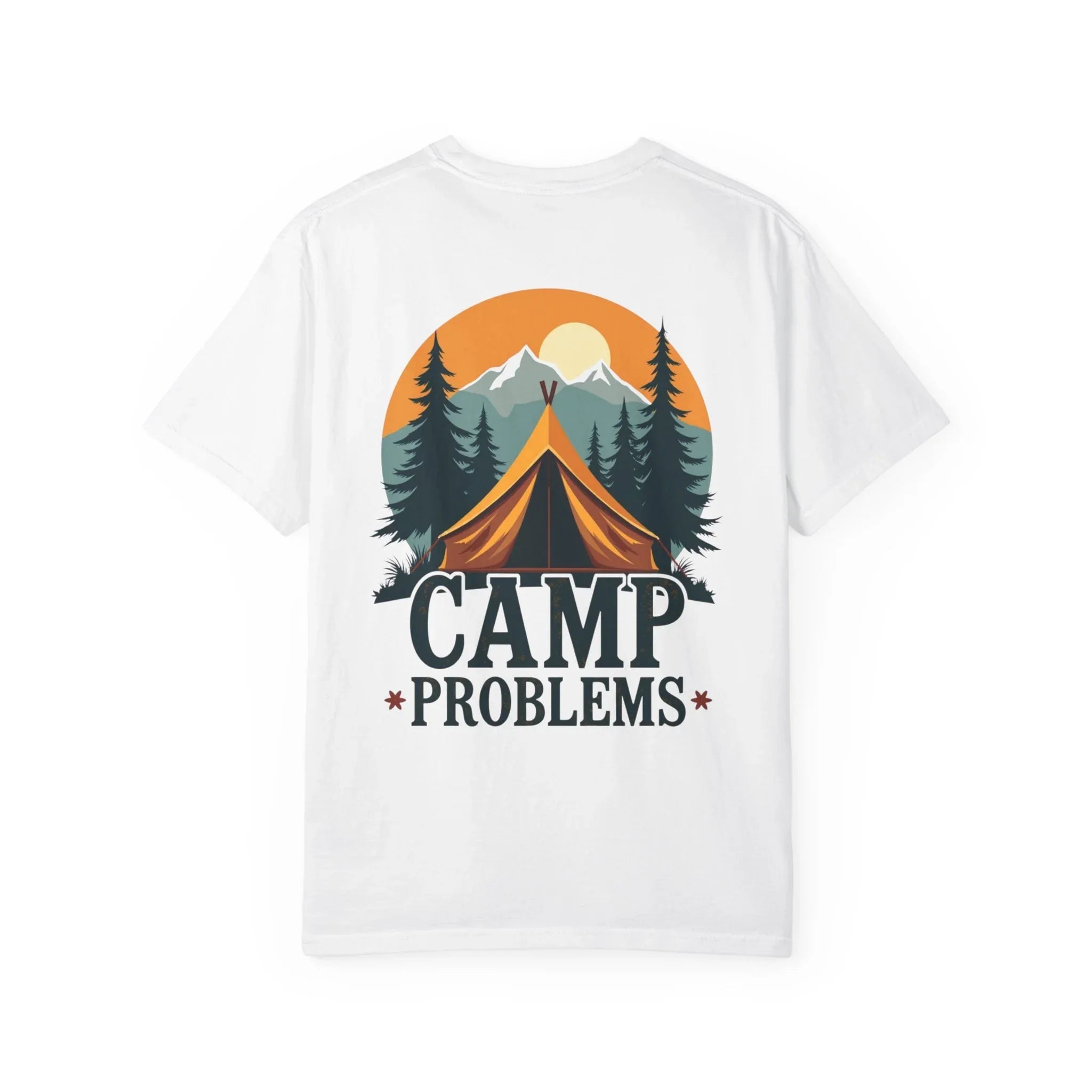 Camp Problems Shirt, Funny Camping Tent Tee, Mountains Forest Graphic T-Shirt, Campfire Hiking Outdoors Gift, Vintage Nature White