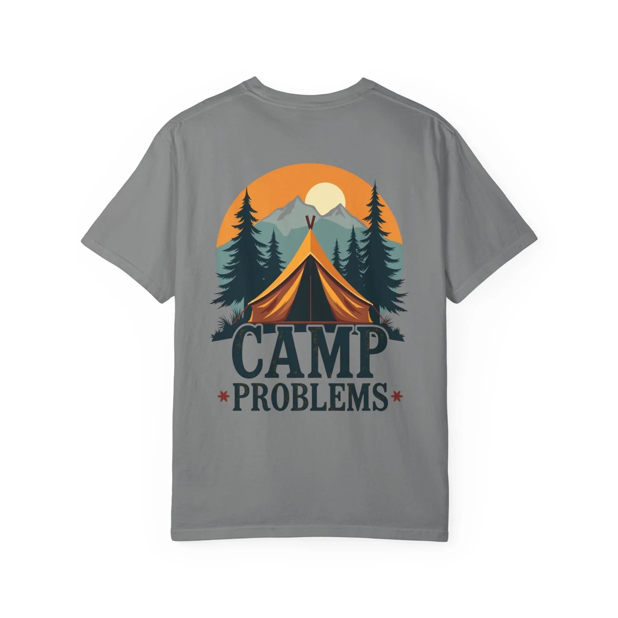 Camp Problems Shirt, Funny Camping Tent Tee, Mountains Forest Graphic T-Shirt, Campfire Hiking Outdoors Gift, Vintage Nature Grey
