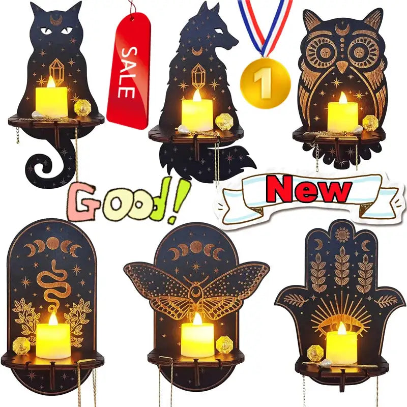 🦉Carved Wooden Wall Hanging Candlestick & Crystal Storage Rack – Featuring Owl, Fox, Cat, and Book Motifs for Home Decor and Gifts