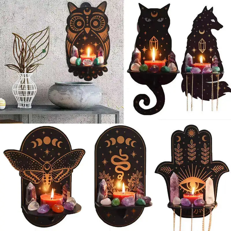 🦉Carved Wooden Wall Hanging Candlestick & Crystal Storage Rack – Featuring Owl, Fox, Cat, and Book Motifs for Home Decor and Gifts