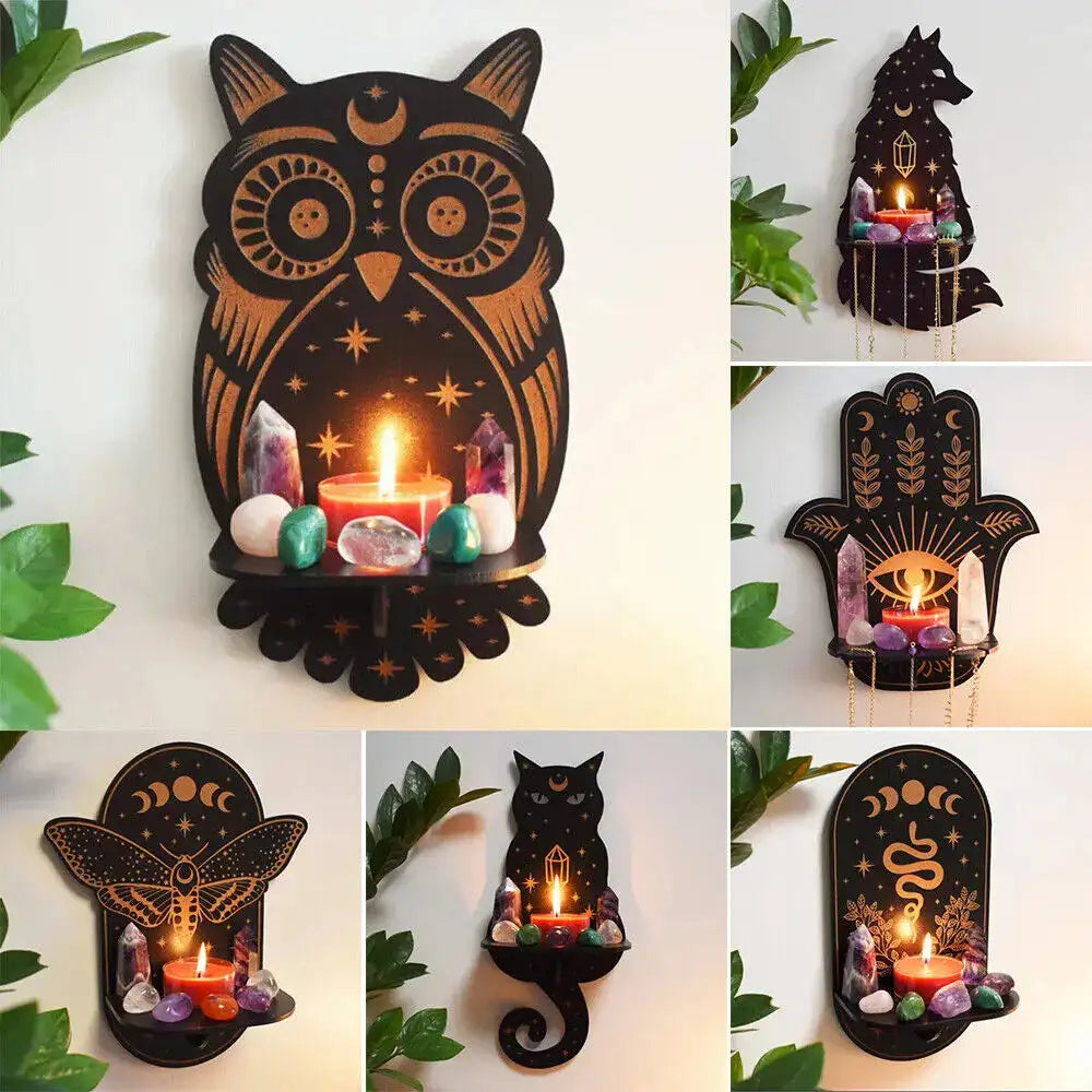 🦉Carved Wooden Wall Hanging Candlestick & Crystal Storage Rack – Featuring Owl, Fox, Cat, and Book Motifs for Home Decor and Gifts