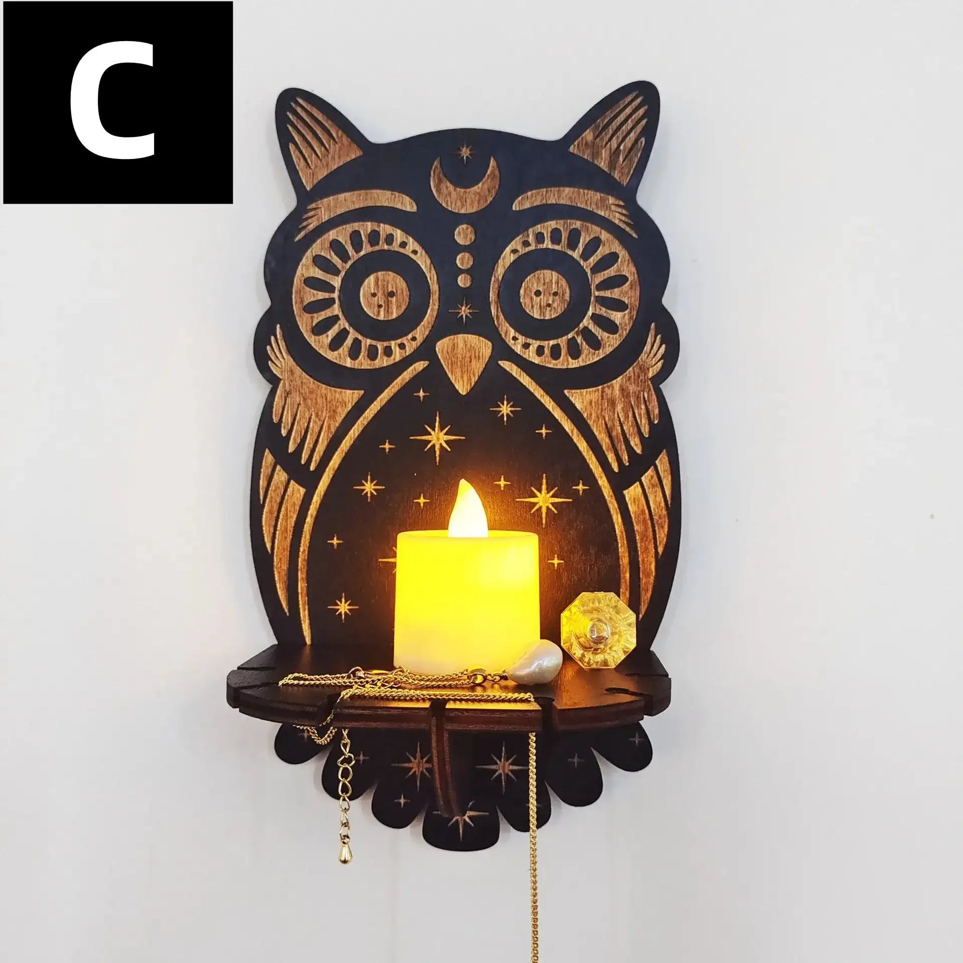🦉Carved Wooden Wall Hanging Candlestick & Crystal Storage Rack – Featuring Owl, Fox, Cat, and Book Motifs for Home Decor and Gifts Style C