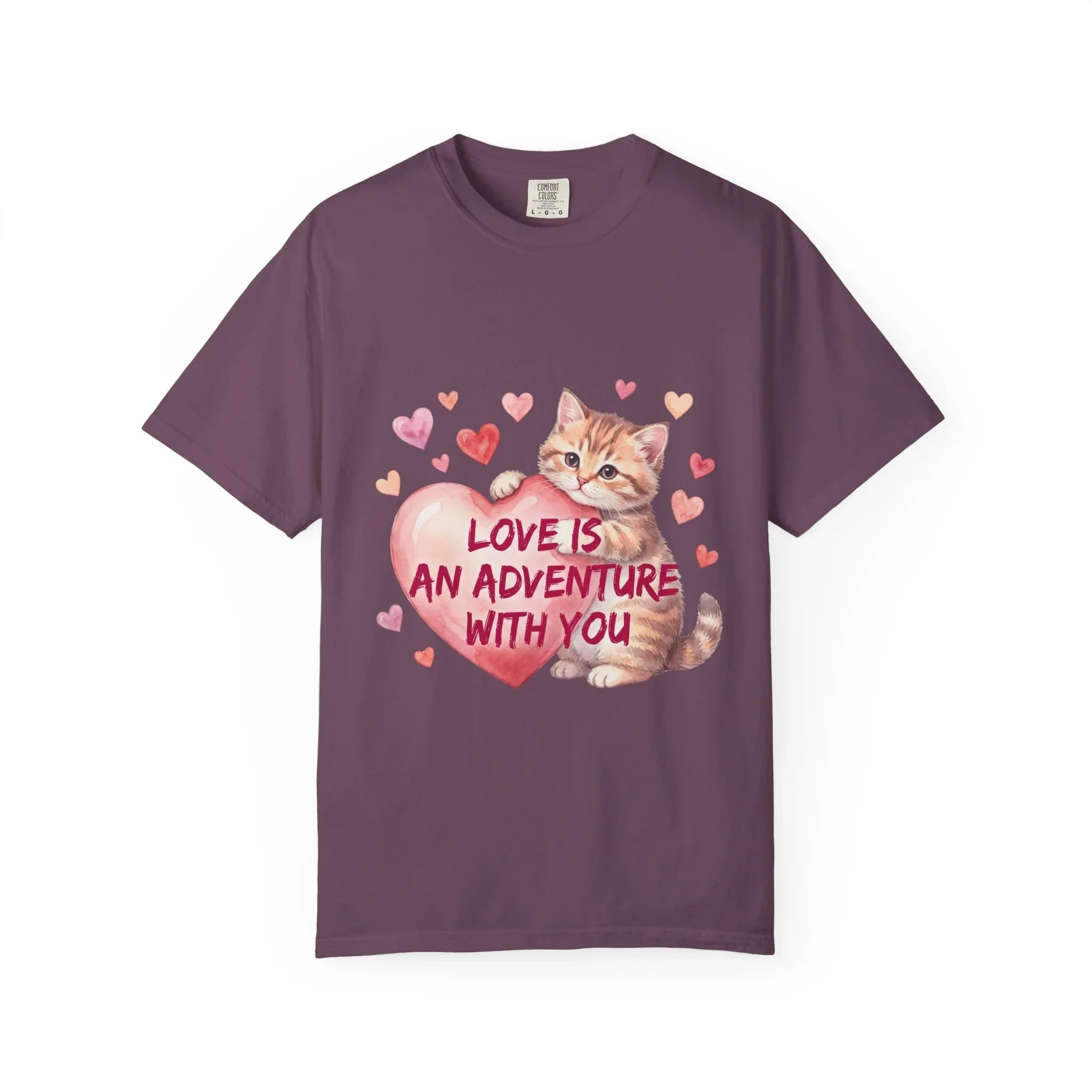 Cat Heart T-Shirt | Love Is An Adventure With You Cute Kitten Valentine Graphic Tee Berry M
