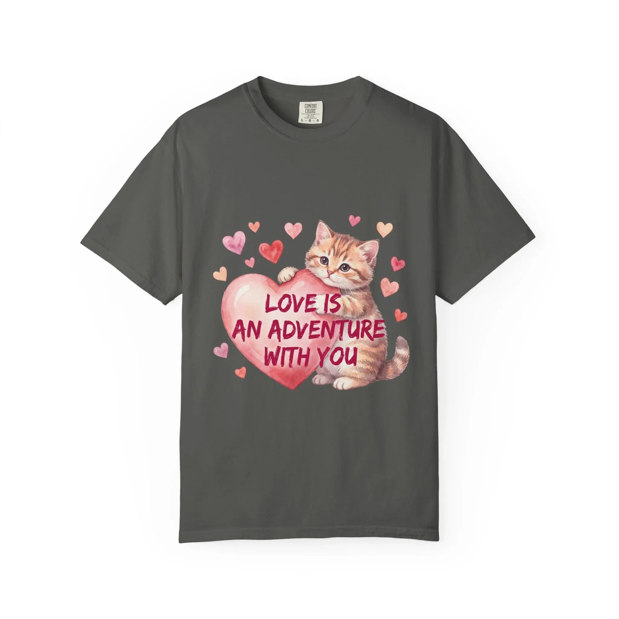 Cat Heart T-Shirt | Love Is An Adventure With You Cute Kitten Valentine Graphic Tee Pepper