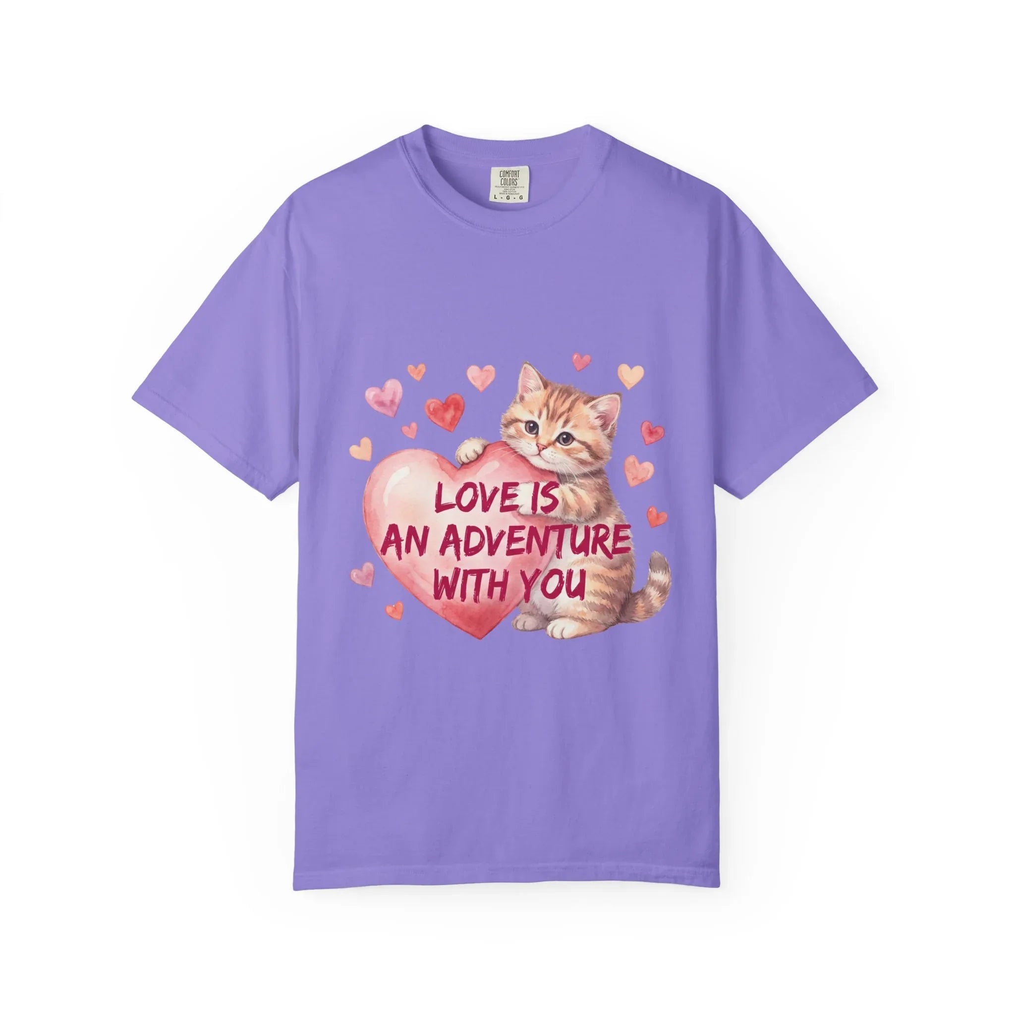 Cat Heart T-Shirt | Love Is An Adventure With You Cute Kitten Valentine Graphic Tee Violet