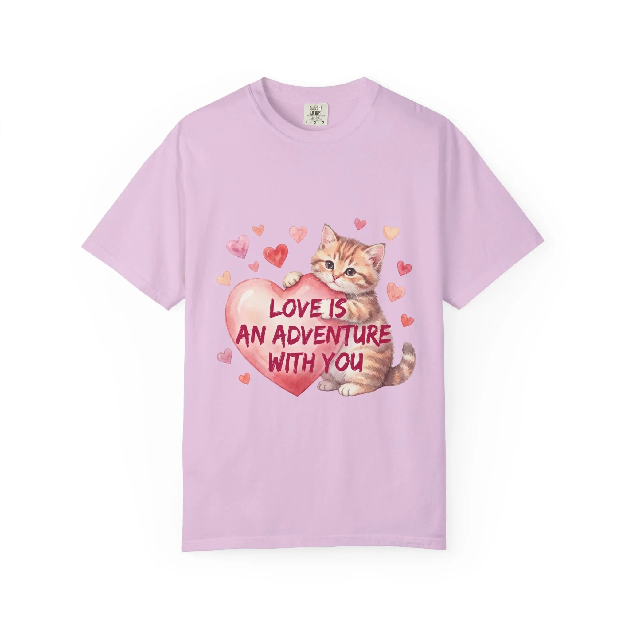 Cat Heart T-Shirt | Love Is An Adventure With You Cute Kitten Valentine Graphic Tee Orchid