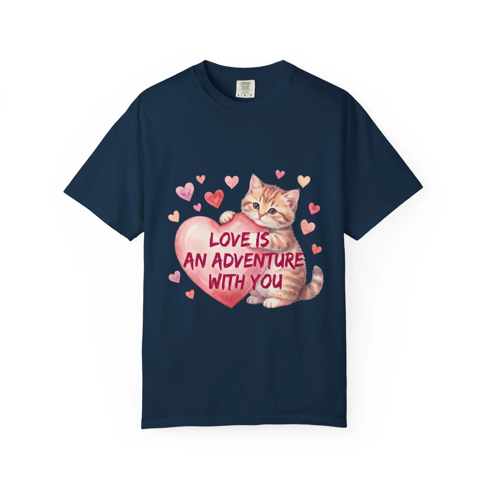 Cat Heart T-Shirt | Love Is An Adventure With You Cute Kitten Valentine Graphic Tee True Navy