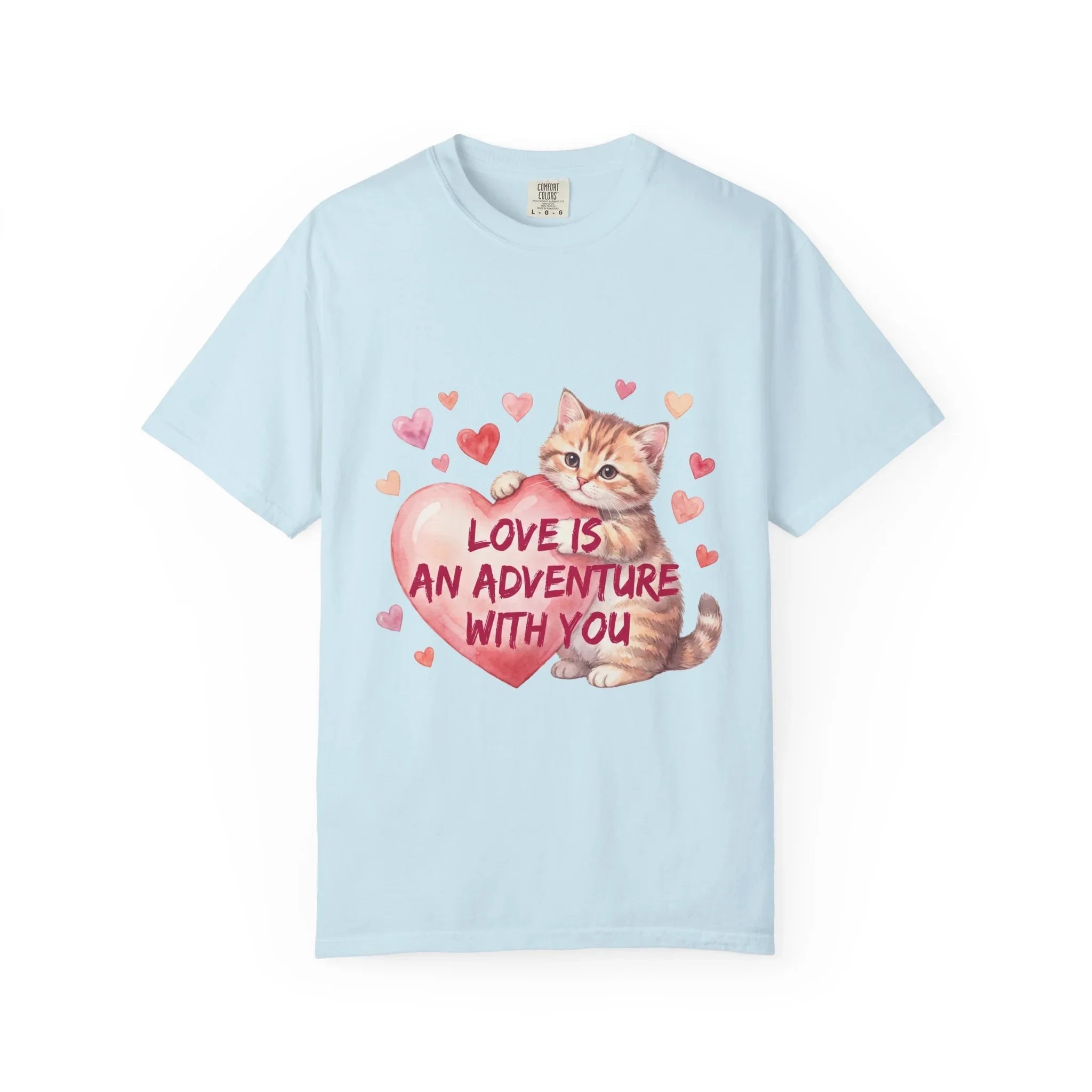 Cat Heart T-Shirt | Love Is An Adventure With You Cute Kitten Valentine Graphic Tee Chambray