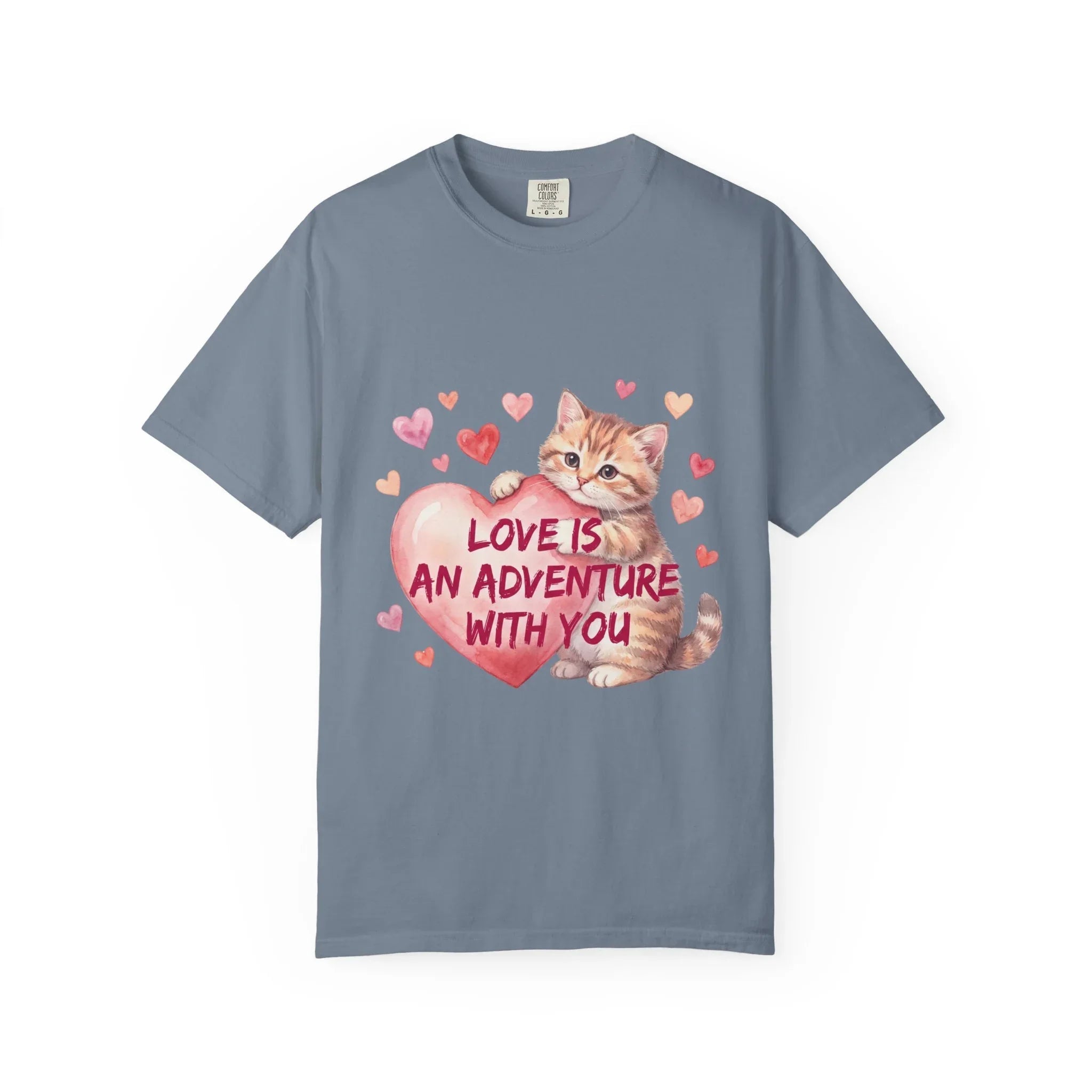 Cat Heart T-Shirt | Love Is An Adventure With You Cute Kitten Valentine Graphic Tee Blue Jean