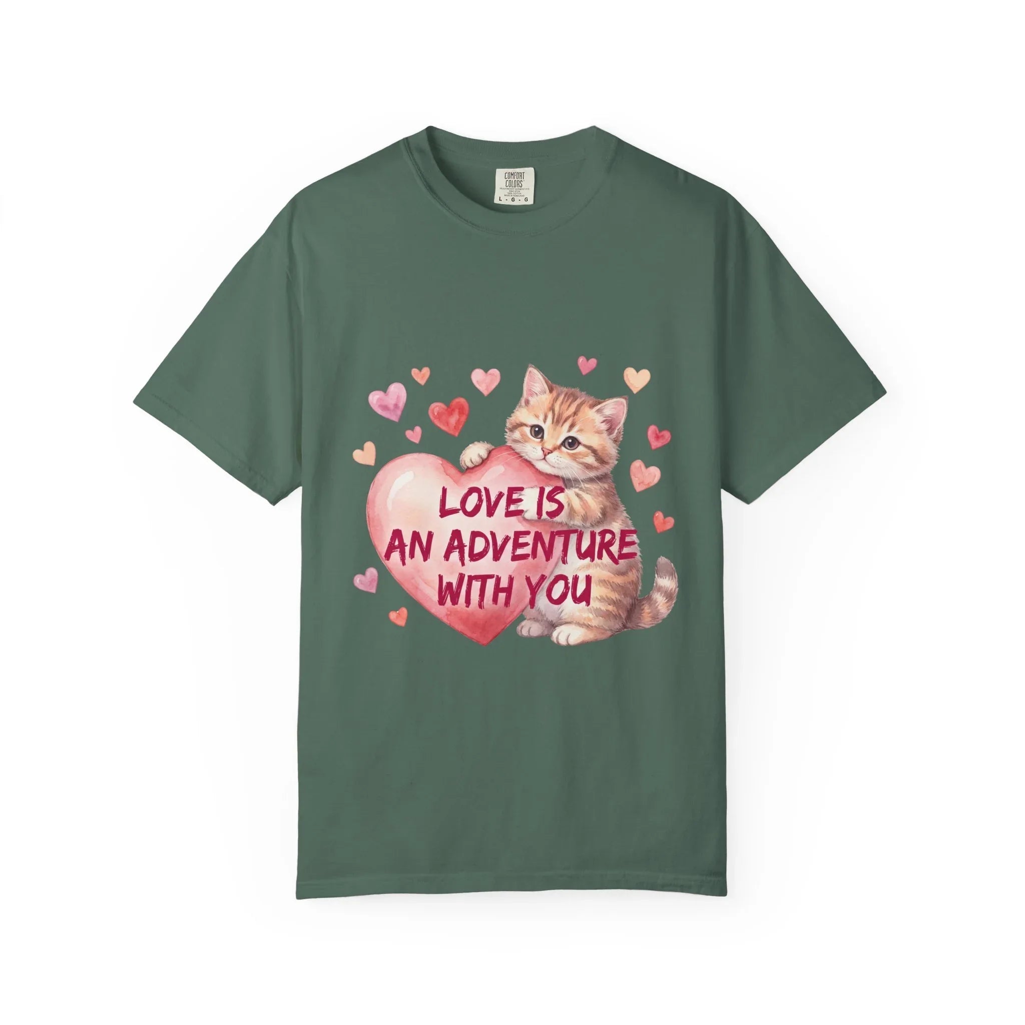 Cat Heart T-Shirt | Love Is An Adventure With You Cute Kitten Valentine Graphic Tee Blue Spruce