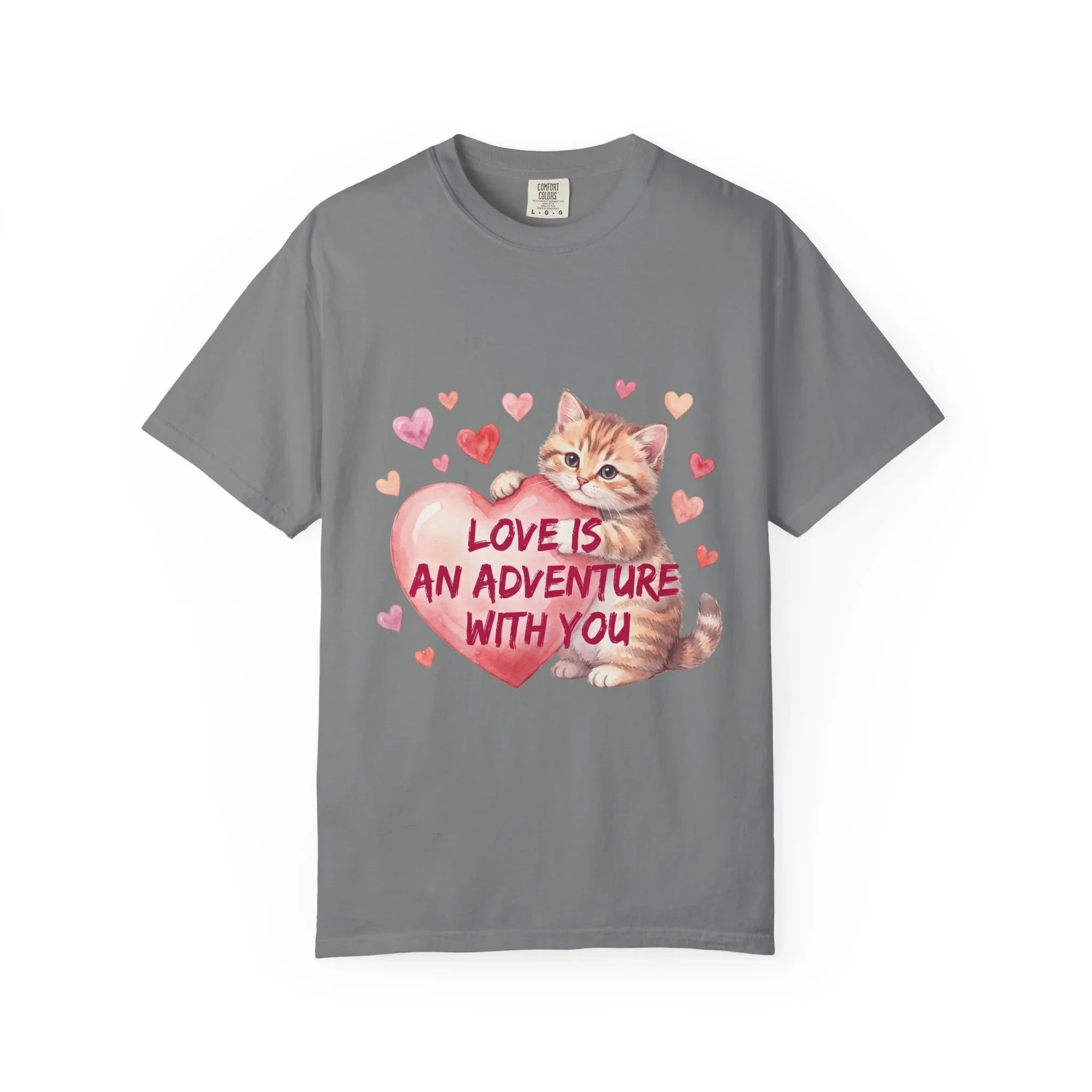 Cat Heart T-Shirt | Love Is An Adventure With You Cute Kitten Valentine Graphic Tee Grey