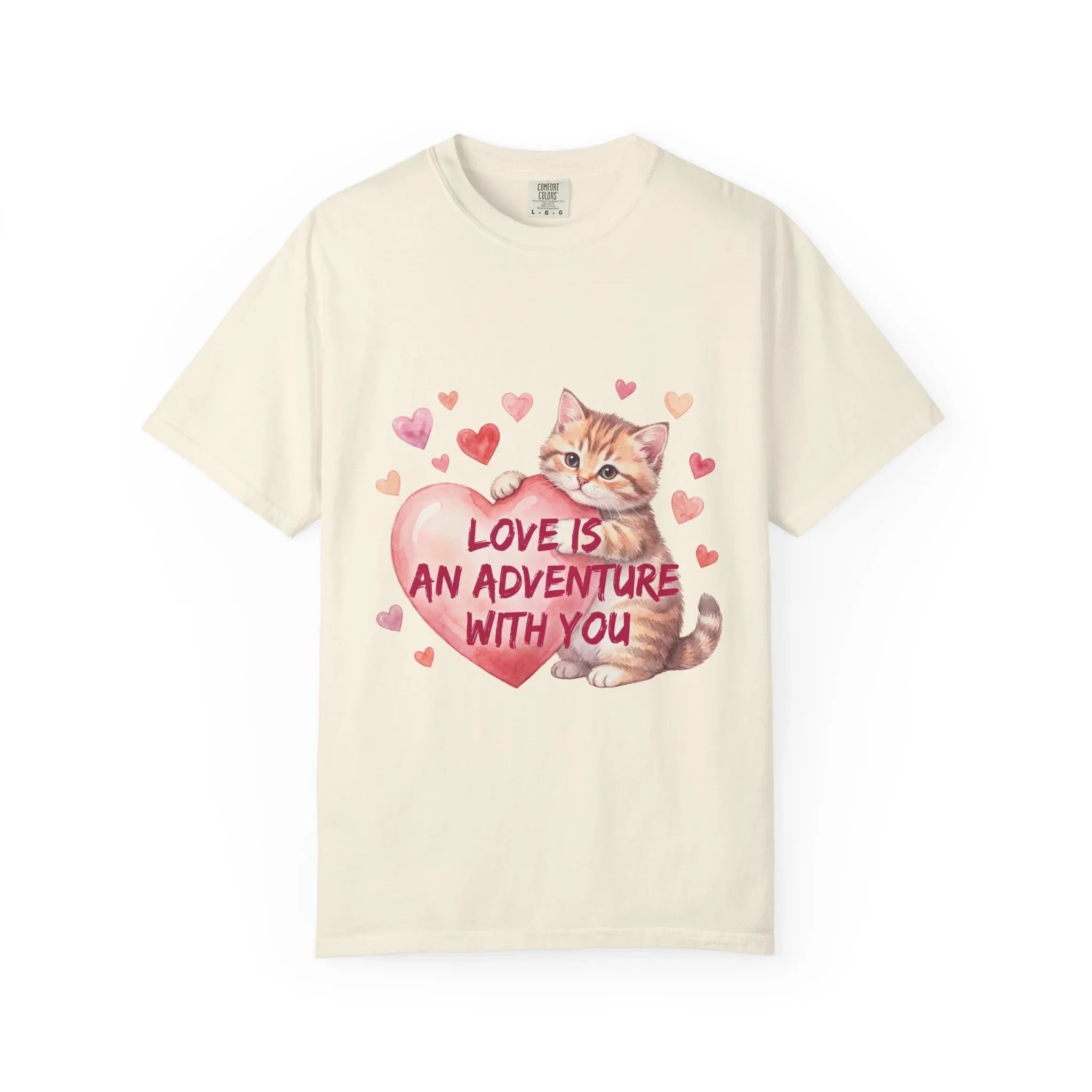 Cat Heart T-Shirt | Love Is An Adventure With You Cute Kitten Valentine Graphic Tee Ivory