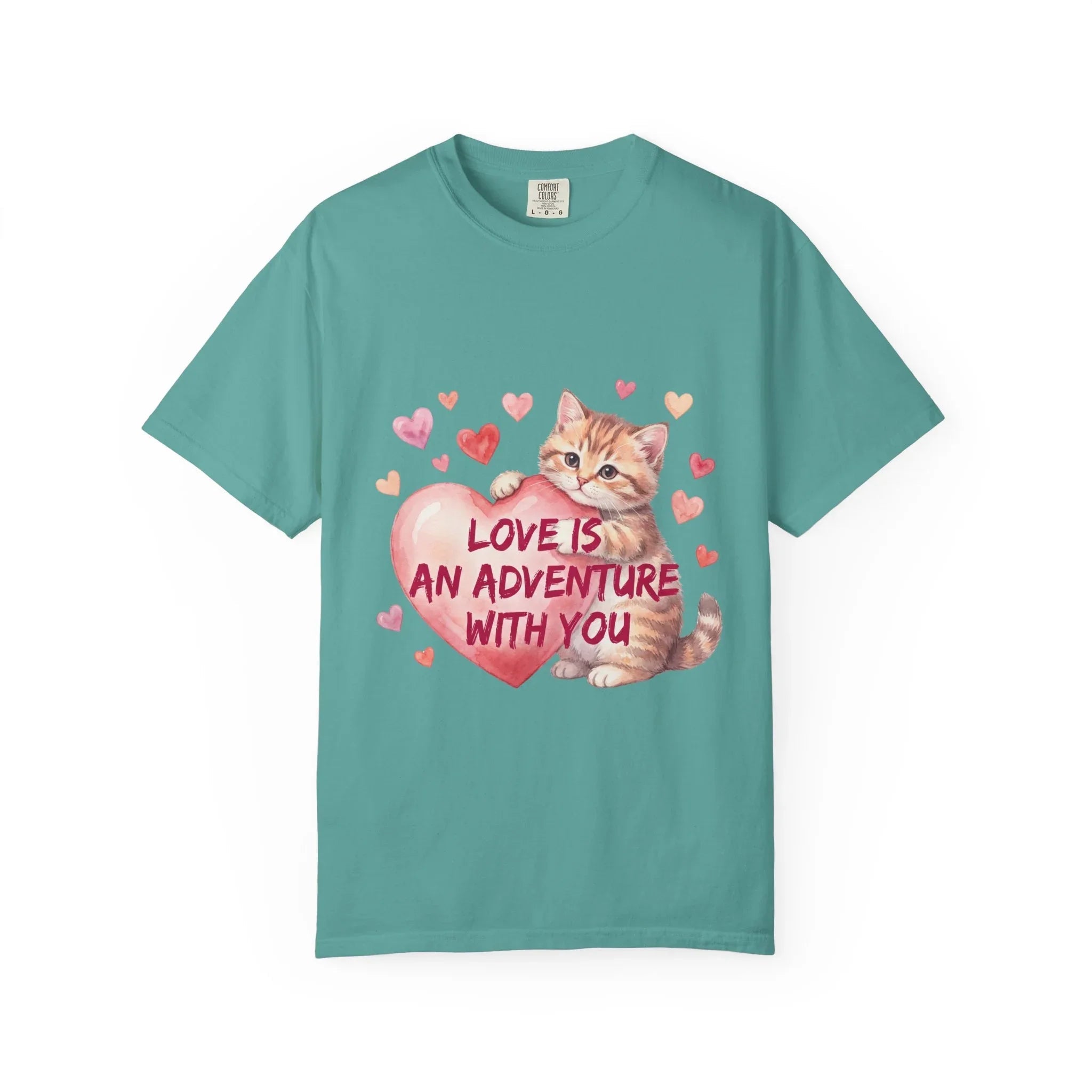Cat Heart T-Shirt | Love Is An Adventure With You Cute Kitten Valentine Graphic Tee Seafoam