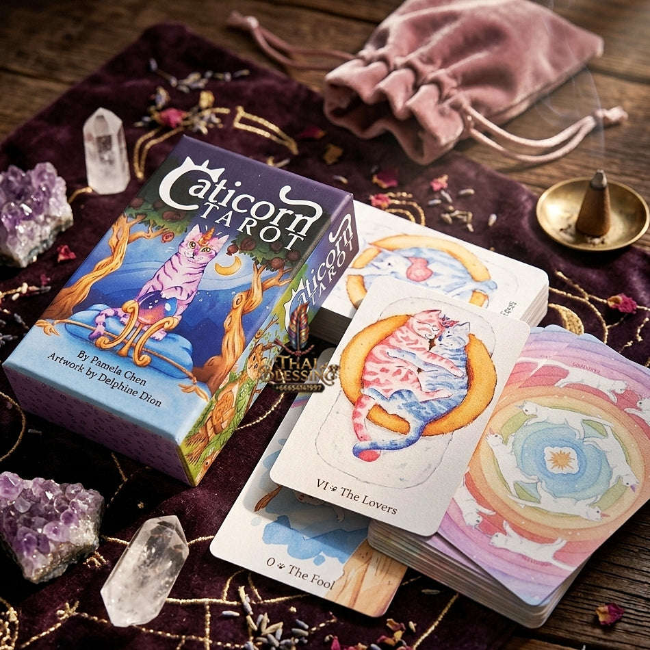 Caticorn Tarot Deck (78 Pcs Whimsical Watercolor Cat Edition) - Double-Embossed Rider-Waite-Smith Variant by Pamela Chen & Delphine Dion for Intuitive Readings & Cat Lovers Thai Blessing Co By RURUECHA