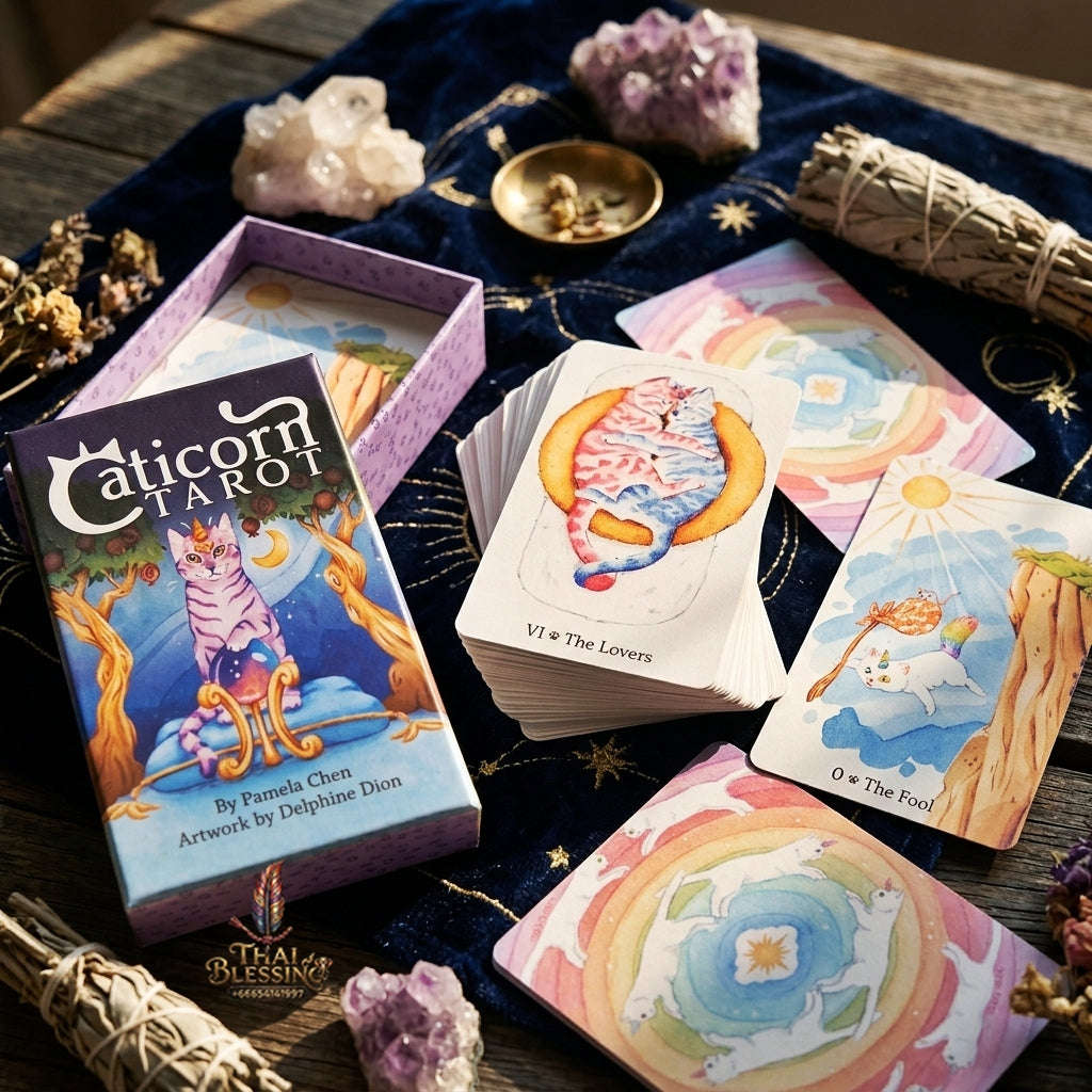 Caticorn Tarot Deck (78 Pcs Whimsical Watercolor Cat Edition) - Double-Embossed Rider-Waite-Smith Variant by Pamela Chen & Delphine Dion for Intuitive Readings & Cat Lovers Thai Blessing Co By RURUECHA