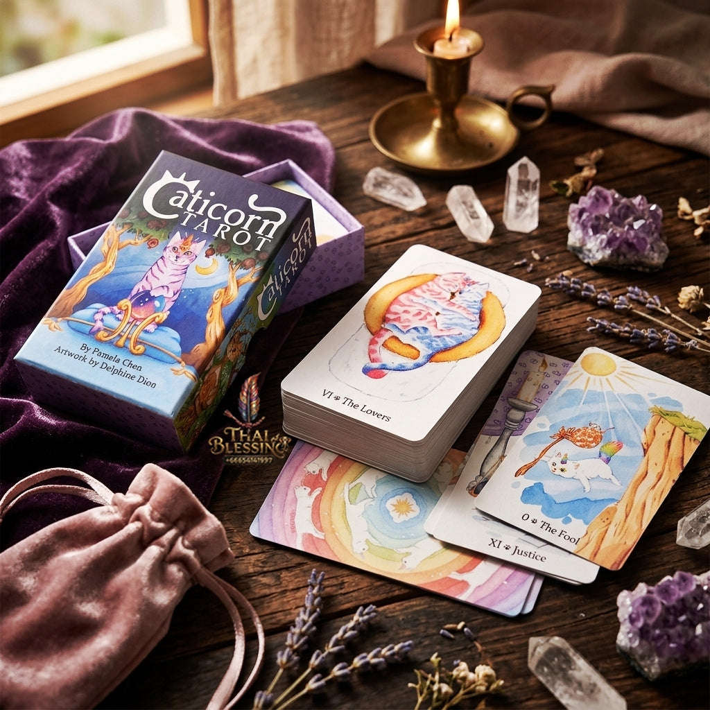 Caticorn Tarot Deck (78 Pcs Whimsical Watercolor Cat Edition) - Double-Embossed Rider-Waite-Smith Variant by Pamela Chen & Delphine Dion for Intuitive Readings & Cat Lovers Thai Blessing Co By RURUECHA