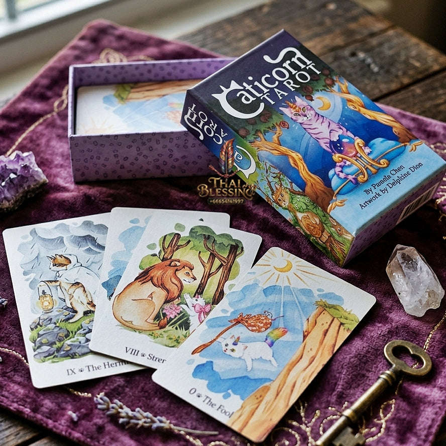 Caticorn Tarot Deck (78 Pcs Whimsical Watercolor Cat Edition) - Double-Embossed Rider-Waite-Smith Variant by Pamela Chen & Delphine Dion for Intuitive Readings & Cat Lovers Thai Blessing Co By RURUECHA