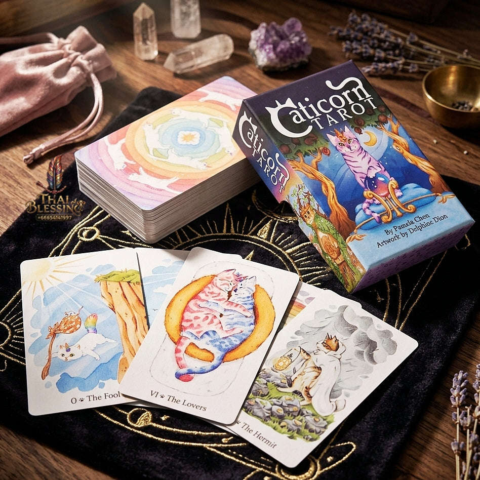 Caticorn Tarot Deck (78 Pcs Whimsical Watercolor Cat Edition) - Double-Embossed Rider-Waite-Smith Variant by Pamela Chen & Delphine Dion for Intuitive Readings & Cat Lovers Thai Blessing Co By RURUECHA