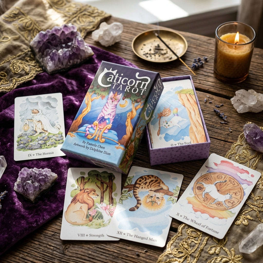 Caticorn Tarot Deck (78 Pcs Whimsical Watercolor Cat Edition) - Double-Embossed Rider-Waite-Smith Variant by Pamela Chen & Delphine Dion for Intuitive Readings & Cat Lovers Thai Blessing Co By RURUECHA
