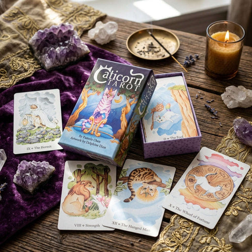 Caticorn Tarot Deck (78 Pcs Whimsical Watercolor Cat Edition) - Double-Embossed Rider-Waite-Smith Variant by Pamela Chen & Delphine Dion for Intuitive Readings & Cat Lovers Thai Blessing Co By RURUECHA
