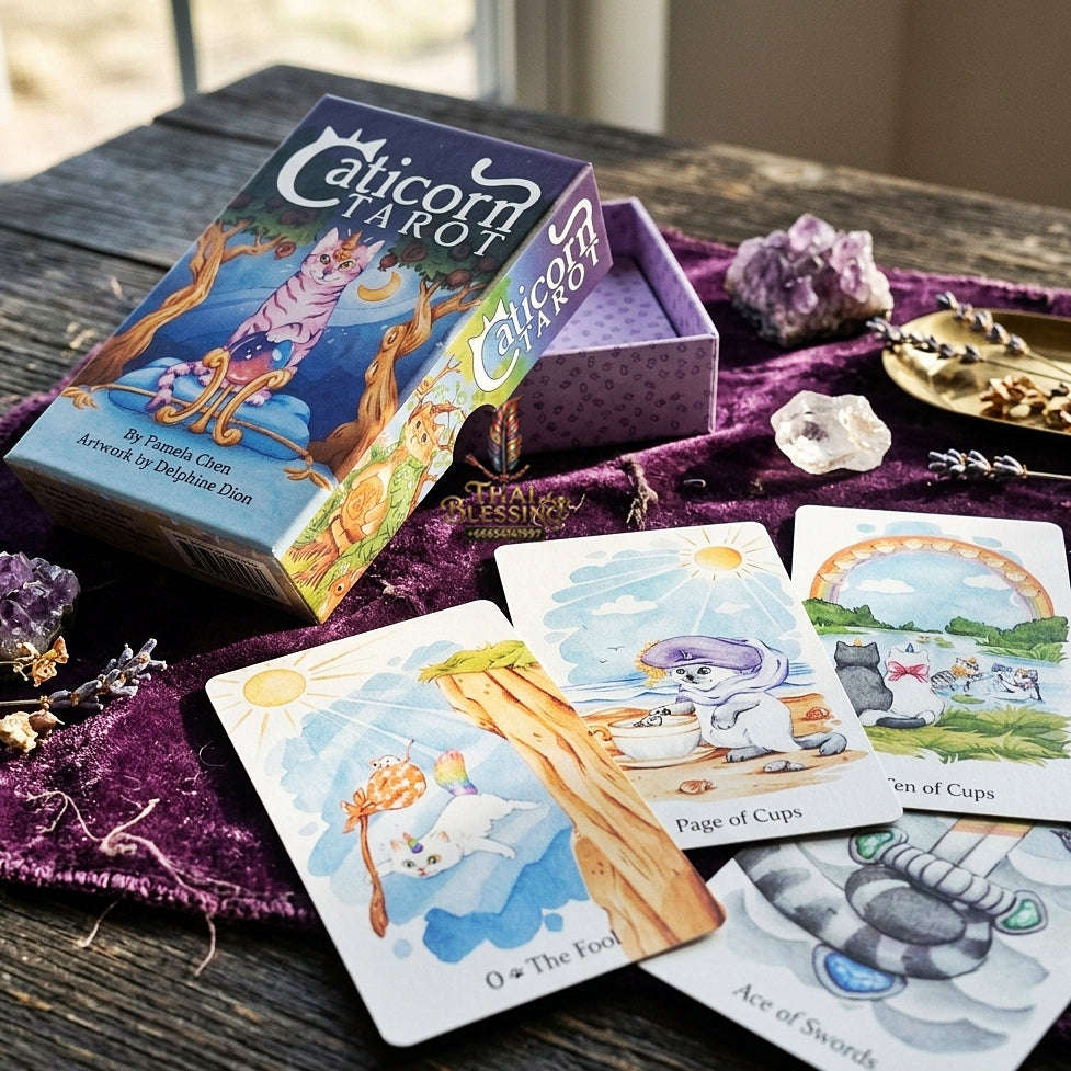 Caticorn Tarot Deck (78 Pcs Whimsical Watercolor Cat Edition) - Double-Embossed Rider-Waite-Smith Variant by Pamela Chen & Delphine Dion for Intuitive Readings & Cat Lovers Thai Blessing Co By RURUECHA