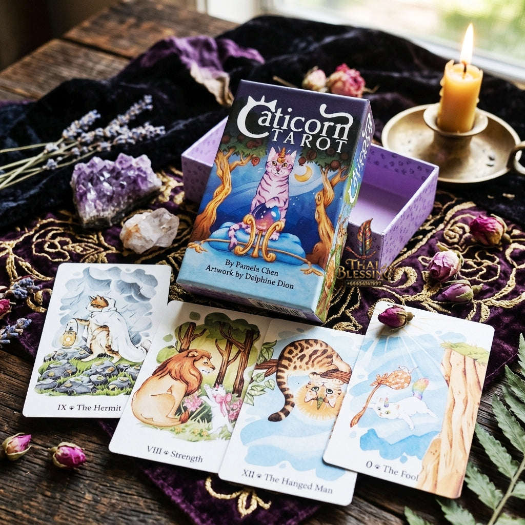 Caticorn Tarot Deck (78 Pcs Whimsical Watercolor Cat Edition) - Double-Embossed Rider-Waite-Smith Variant by Pamela Chen & Delphine Dion for Intuitive Readings & Cat Lovers Thai Blessing Co By RURUECHA