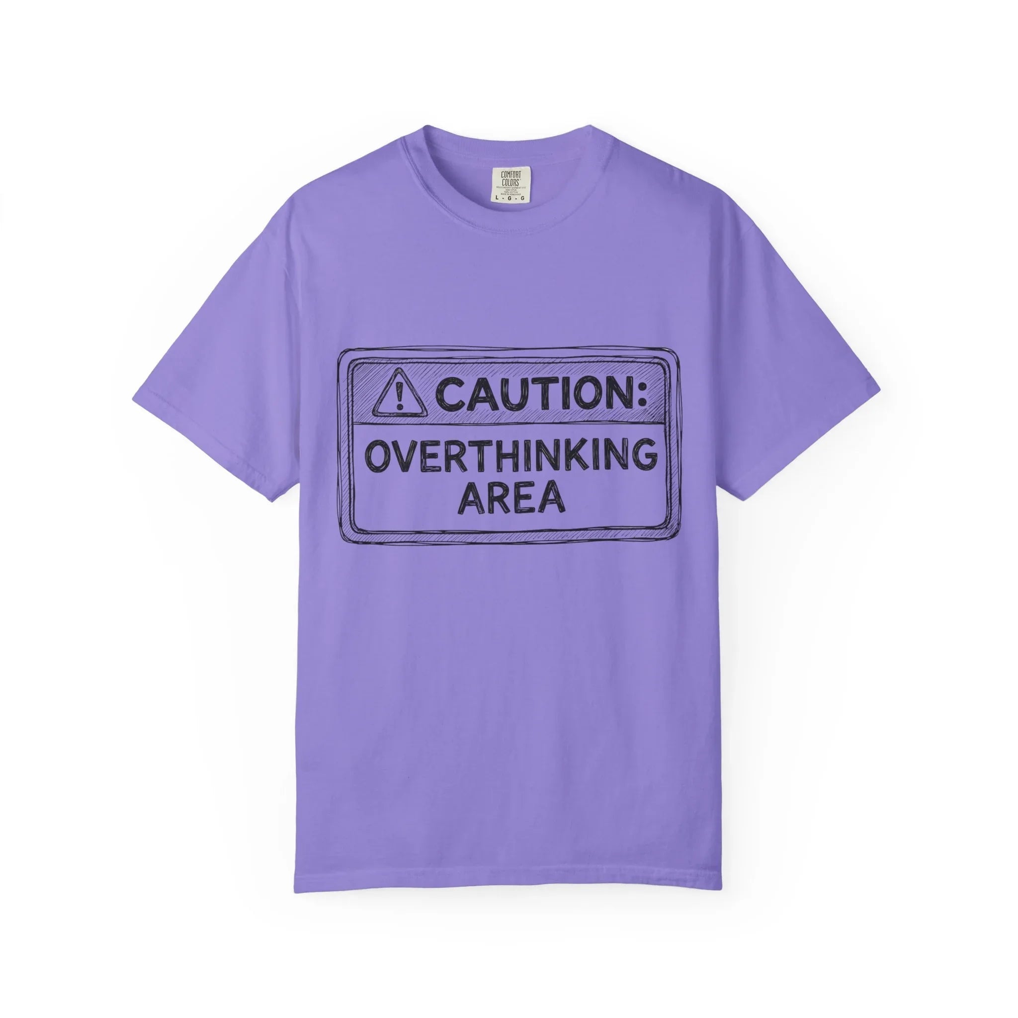 Caution Overthinking Area Shirt, Funny Warning Sign Tee, Anxiety Humor T-Shirt, Relatable Quote Graphic, Vintage Distressed Typography Violet