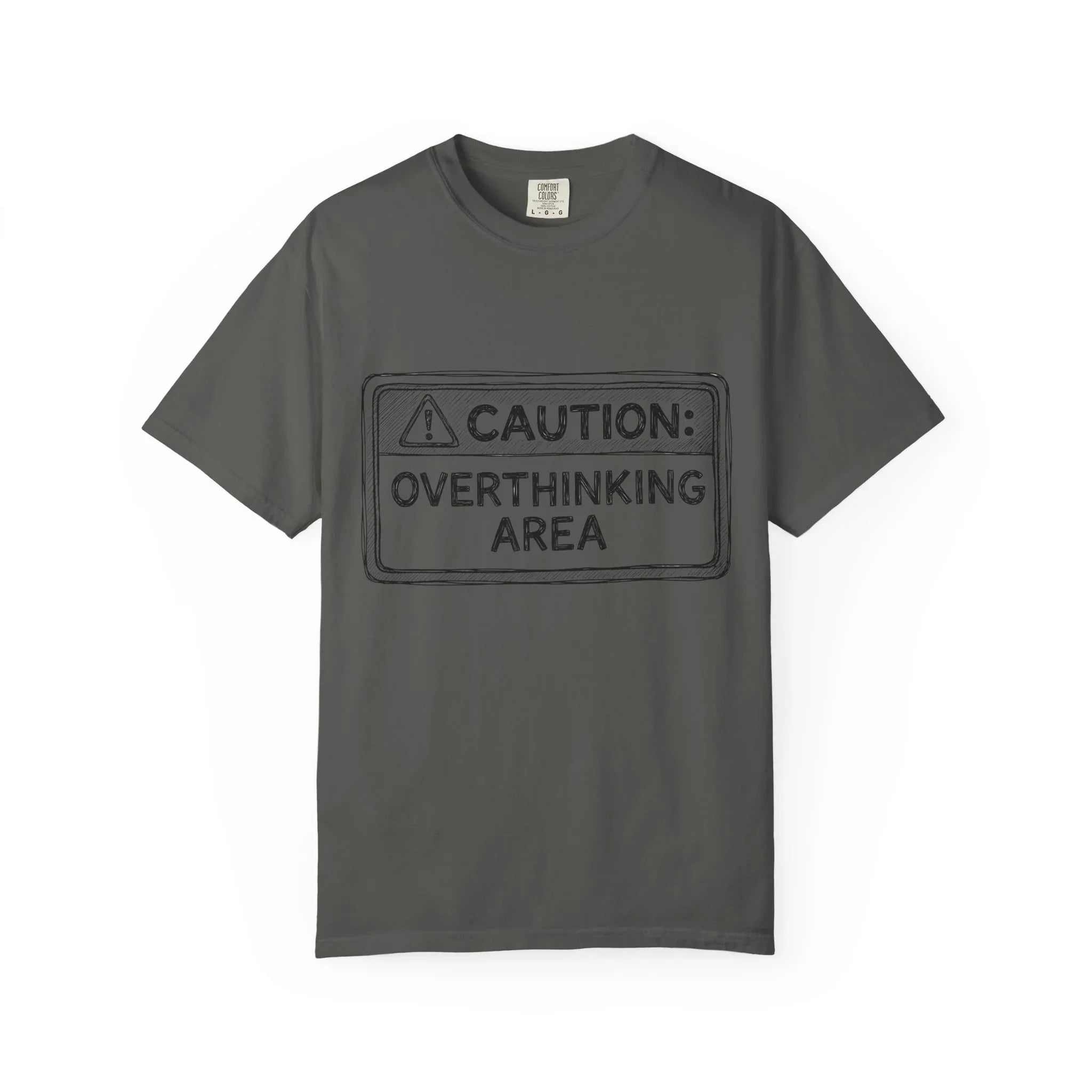 Caution Overthinking Area Shirt, Funny Warning Sign Tee, Anxiety Humor T-Shirt, Relatable Quote Graphic, Vintage Distressed Typography Pepper