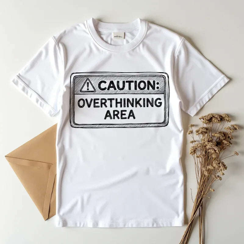 Caution Overthinking Area Shirt, Funny Warning Sign Tee, Anxiety Humor T-Shirt, Relatable Quote Graphic, Vintage Distressed Typography White