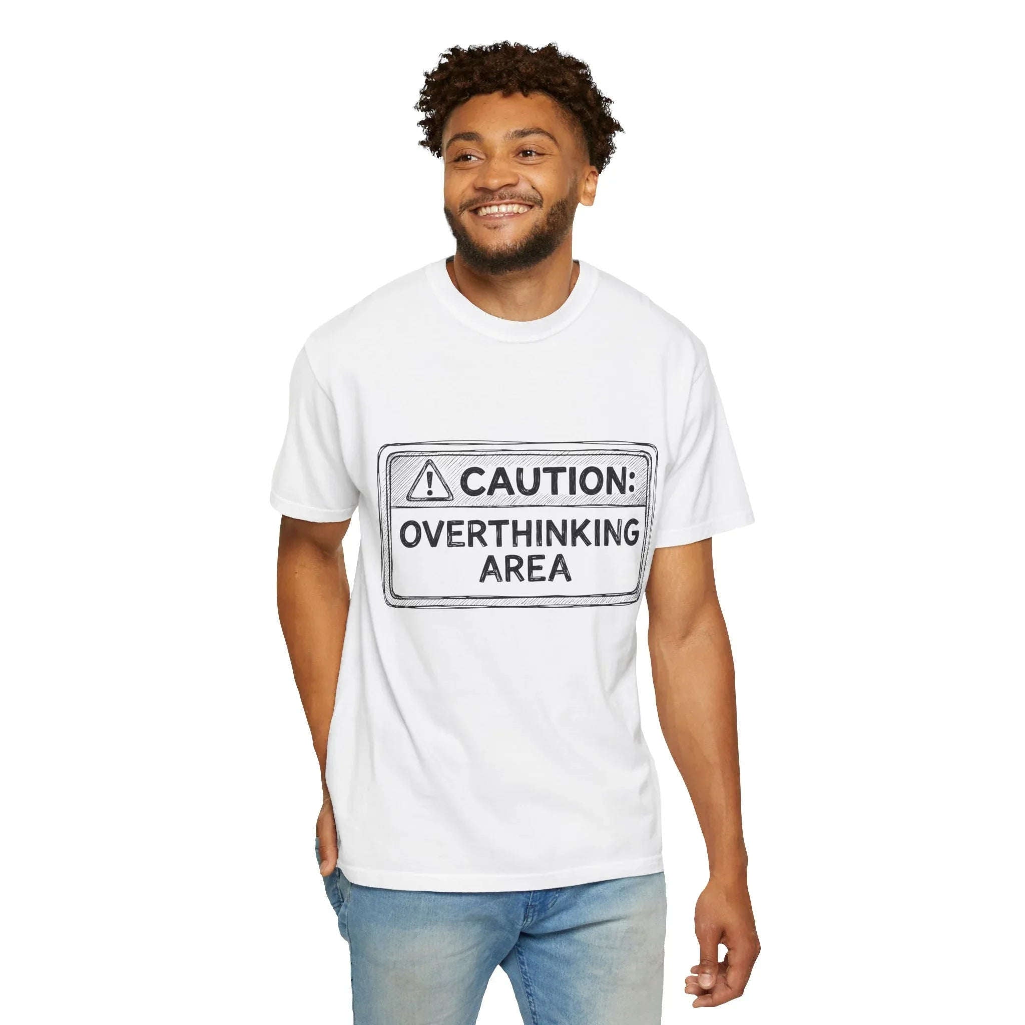 Caution Overthinking Area Shirt, Funny Warning Sign Tee, Anxiety Humor T-Shirt, Relatable Quote Graphic, Vintage Distressed Typography