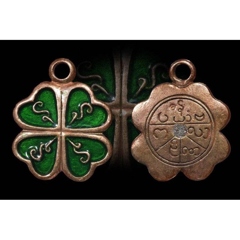 Celestial Flower of Divine Fortune amulet in bronze with intricate designs and green inlay for spiritual blessings