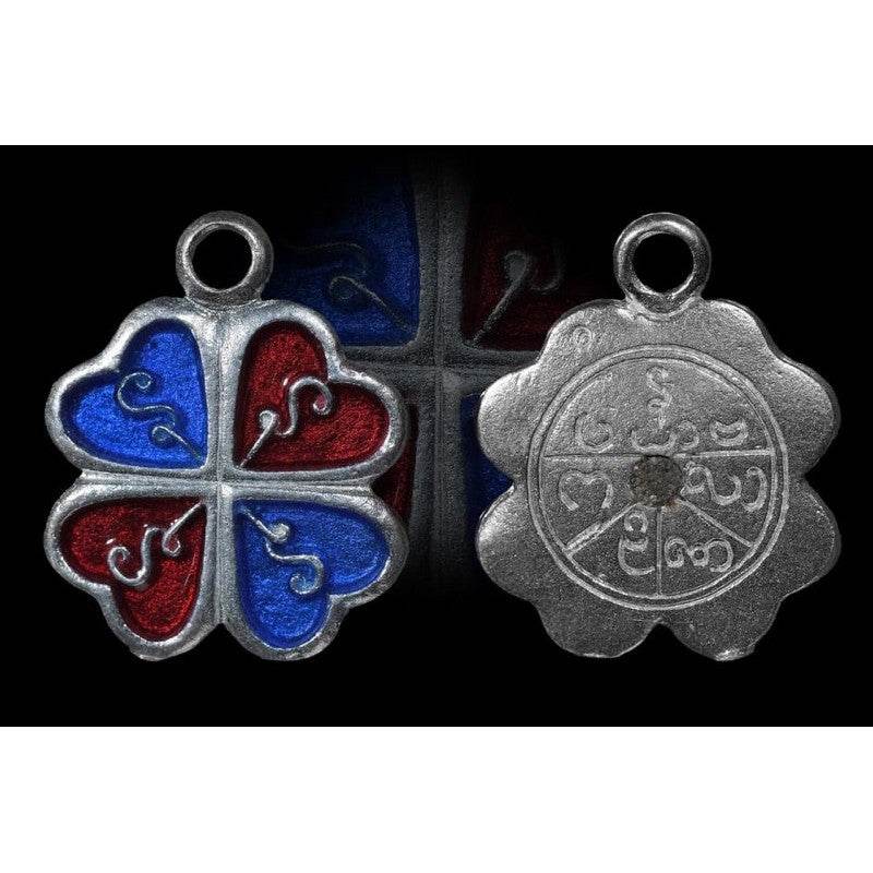 Celestial Flower of Divine Fortune amulet with intricate designs in red and blue and decorative detailing