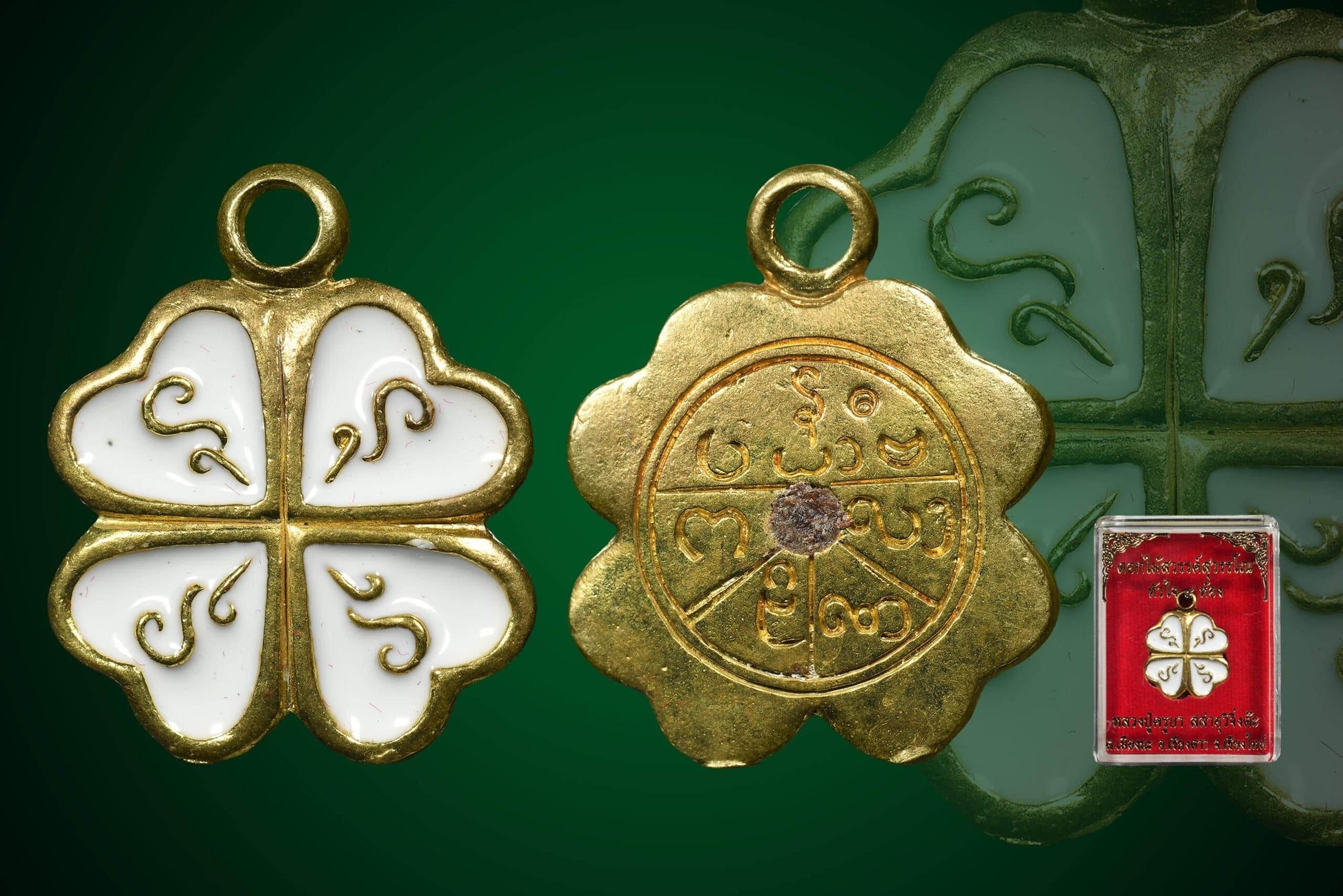 Celestial Flower of Divine Fortune amulet in gold and white with sacred symbols for spiritual protection