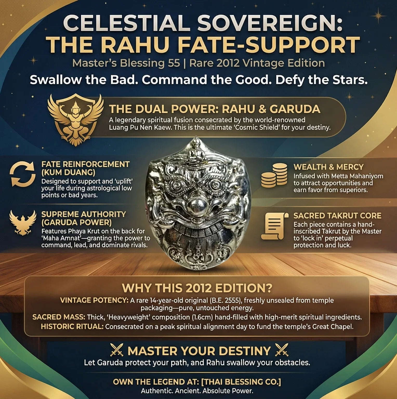 🌑🦅 Celestial Sovereign: The Rahu Fate-Support & Garuda Power Talisman – Master’s Blessing 55 Edition (Luang Pu Nen Kaew)
