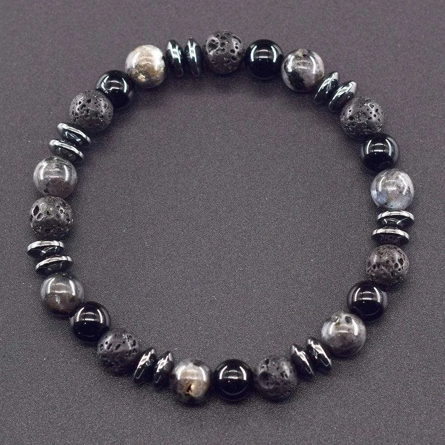 ✨ Classic Black Natural Labradorite & Volcanic Stone Beads Bracelet – Unisex Spiritual Protection and Energetic Balance Jewelry