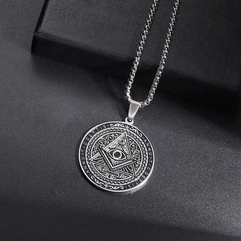 👁️ Classic Retro All Seeing Eye Pendant Necklace – Masonic Symbolism | Stainless Steel | Ancient Egypt Inspired | Unisex Spiritual Jewelry | Protection & Insight Amulet AL19944-Silver