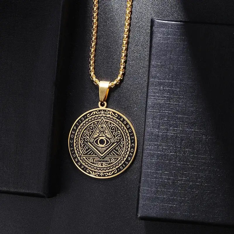 👁️ Classic Retro All Seeing Eye Pendant Necklace – Masonic Symbolism | Stainless Steel | Ancient Egypt Inspired | Unisex Spiritual Jewelry | Protection & Insight Amulet AL19944-Gold
