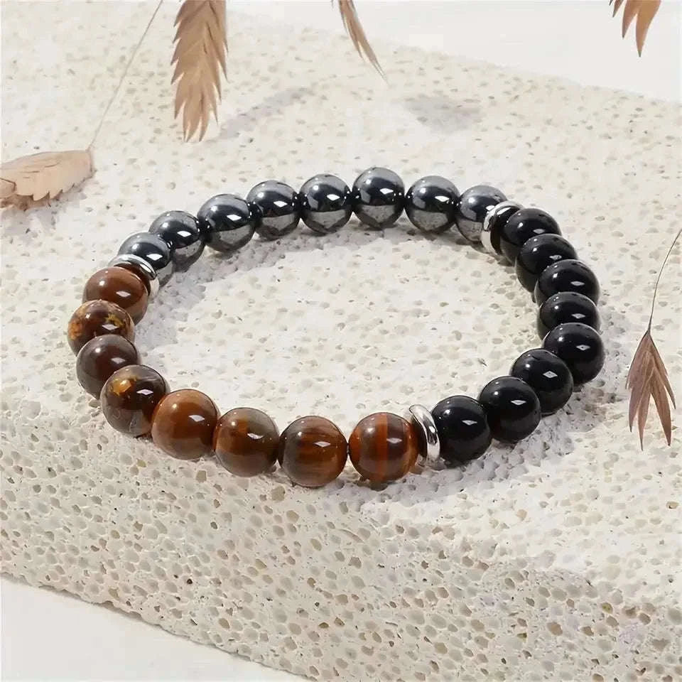 ✨ Classy Natural Stone Tiger's Eye & Obsidian Beaded Bracelet – Elegant Black Jewelry for Men – Perfect Brother Christmas Gift & Pulseras Mujer