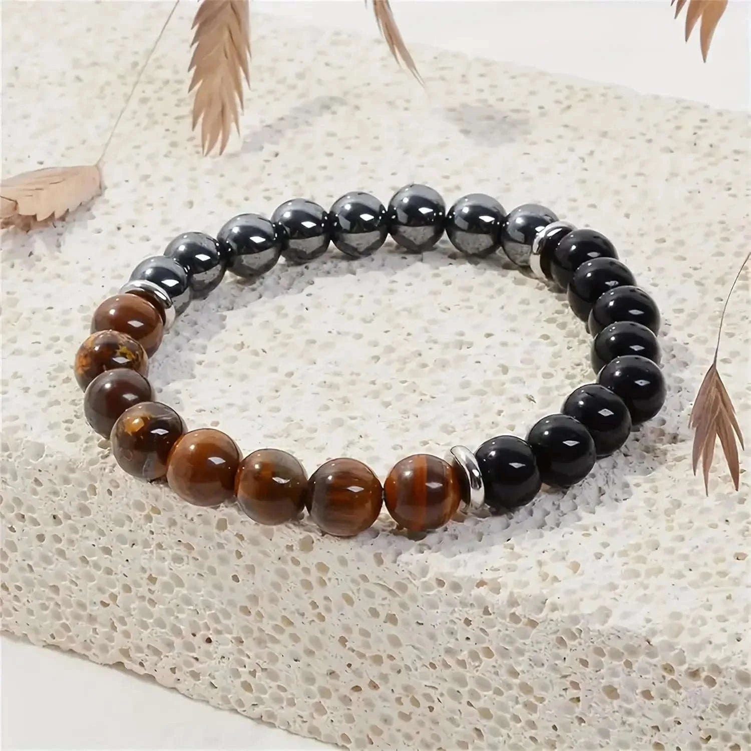 ✨ Classy Natural Stone Tiger's Eye & Obsidian Beaded Bracelet – Elegant Black Jewelry for Men – Perfect Brother Christmas Gift & Pulseras Mujer