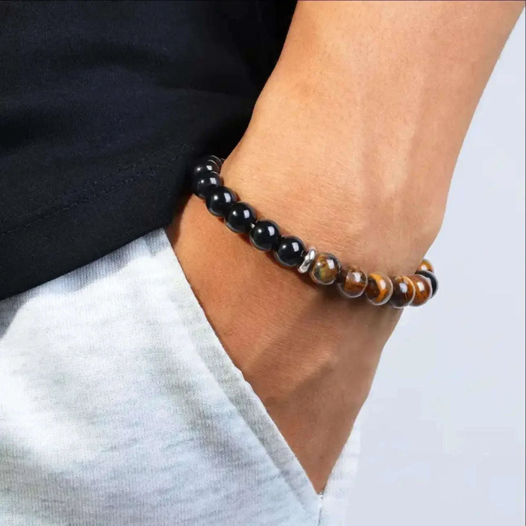 ✨ Classy Natural Stone Tiger's Eye & Obsidian Beaded Bracelet – Elegant Black Jewelry for Men – Perfect Brother Christmas Gift & Pulseras Mujer